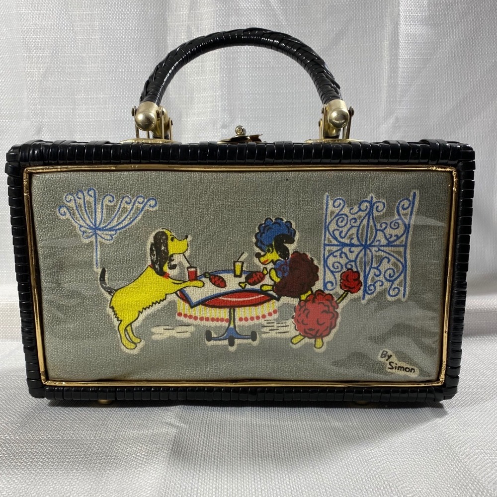 HTF Vtg SIMON Wicker &Vinyl PURSE Poodle Dog Lunch Date Drinks Hong Kong Handbag